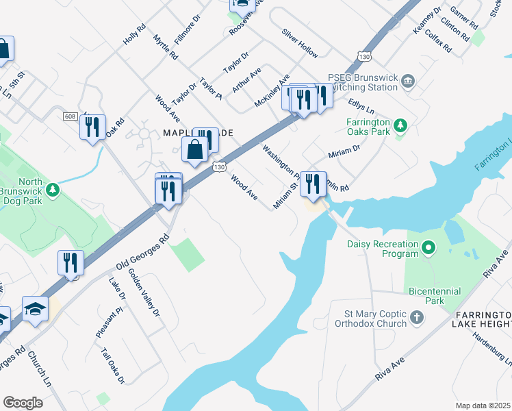 map of restaurants, bars, coffee shops, grocery stores, and more near 322 Wood Avenue in North Brunswick Township