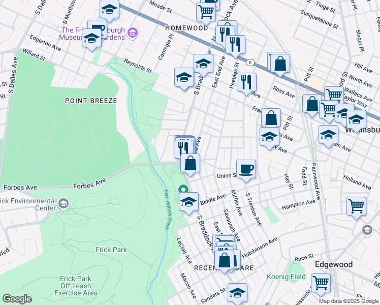 map of restaurants, bars, coffee shops, grocery stores, and more near 570 South Braddock Avenue in Pittsburgh