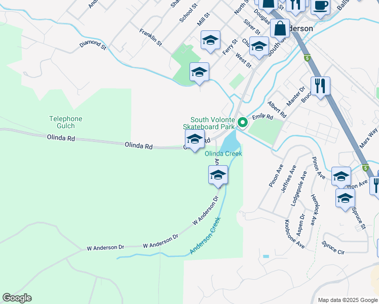map of restaurants, bars, coffee shops, grocery stores, and more near 20083 Olinda Road in Anderson