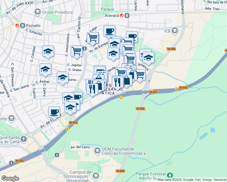 map of restaurants, bars, coffee shops, grocery stores, and more near 2 Calle de Inglaterra in Pozuelo de Alarcón