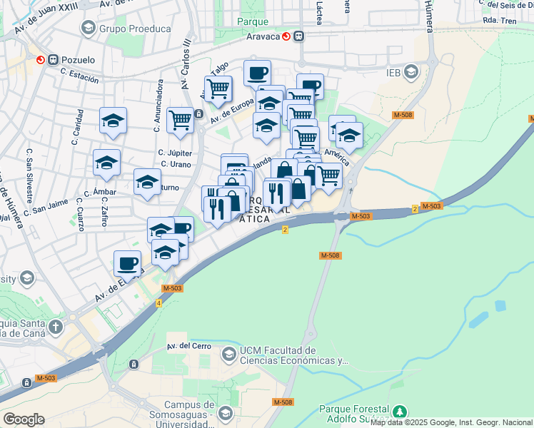 map of restaurants, bars, coffee shops, grocery stores, and more near 2 Calle de Inglaterra in Pozuelo de Alarcón