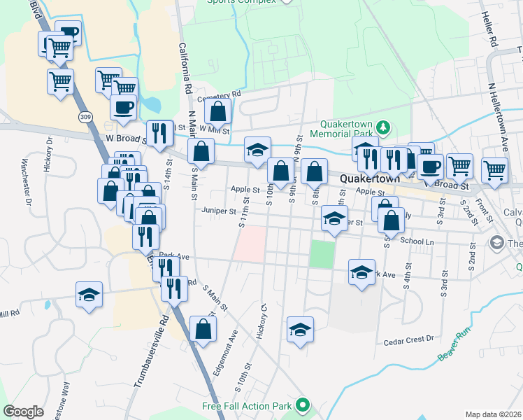 map of restaurants, bars, coffee shops, grocery stores, and more near 1004 Juniper Street in Quakertown