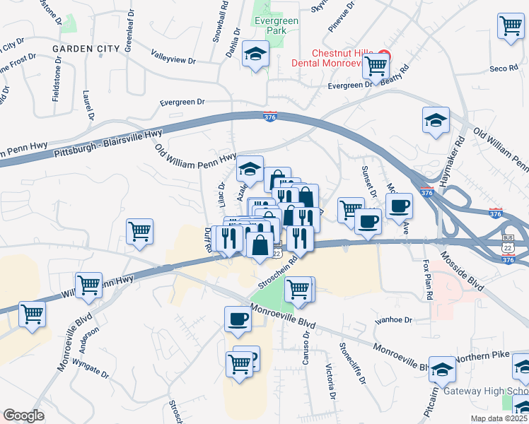 map of restaurants, bars, coffee shops, grocery stores, and more near 245 Azalea Drive in Monroeville