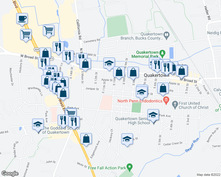 map of restaurants, bars, coffee shops, grocery stores, and more near 1015 Juniper Street in Quakertown