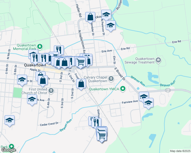 map of restaurants, bars, coffee shops, grocery stores, and more near 224 Franklin St in Quakertown