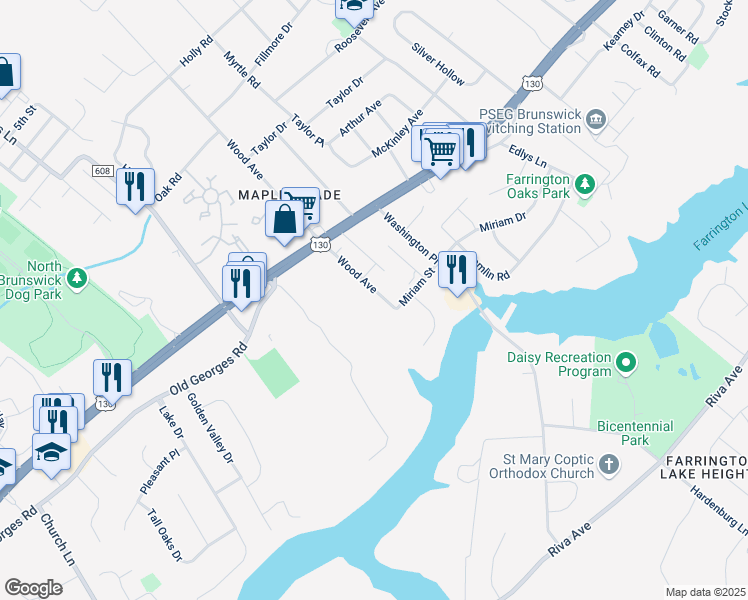 map of restaurants, bars, coffee shops, grocery stores, and more near 322 Wood Avenue in North Brunswick Township