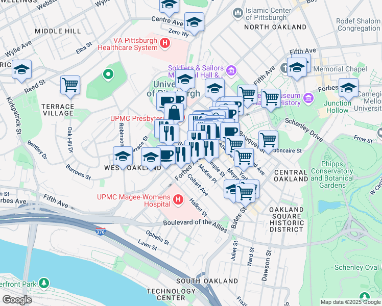 map of restaurants, bars, coffee shops, grocery stores, and more near in Pittsburgh