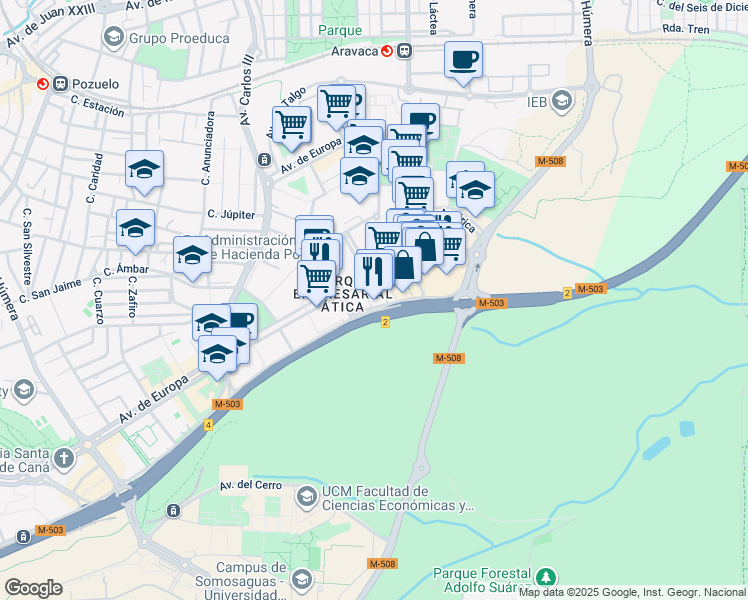 map of restaurants, bars, coffee shops, grocery stores, and more near 33 Vía de las Dos Castillas in Pozuelo de Alarcón