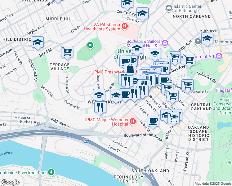 map of restaurants, bars, coffee shops, grocery stores, and more near 205 Chesterfield Road in Pittsburgh