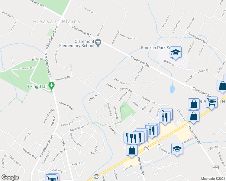map of restaurants, bars, coffee shops, grocery stores, and more near 27 Caitlin Court in Franklin Township