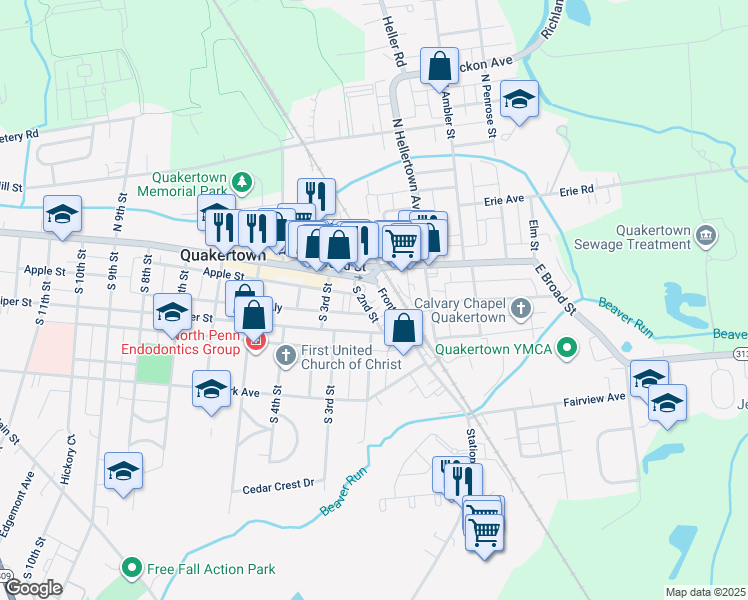 map of restaurants, bars, coffee shops, grocery stores, and more near 28 Front Street in Quakertown