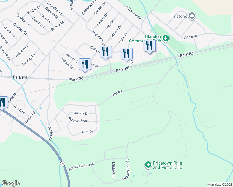 map of restaurants, bars, coffee shops, grocery stores, and more near 740 Hill Road in Blandon