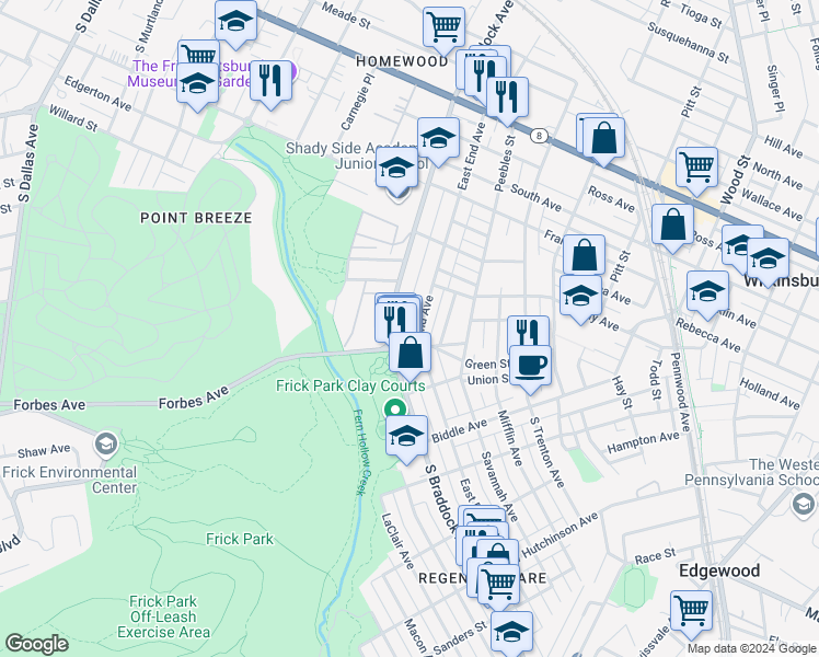 map of restaurants, bars, coffee shops, grocery stores, and more near 570 South Braddock Avenue in Pittsburgh