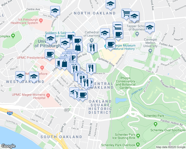 map of restaurants, bars, coffee shops, grocery stores, and more near 341 South Bouquet Street in Pittsburgh