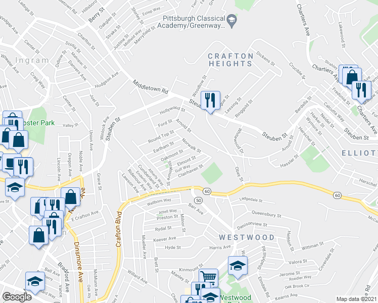 map of restaurants, bars, coffee shops, grocery stores, and more near 144 Elmont Street in Pittsburgh