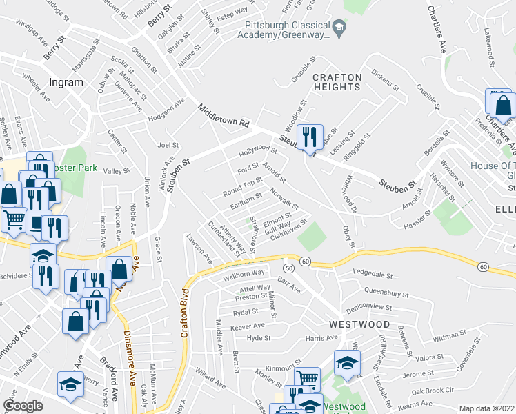 map of restaurants, bars, coffee shops, grocery stores, and more near 1233 Oakmont Street in Pittsburgh
