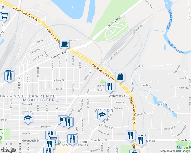 map of restaurants, bars, coffee shops, grocery stores, and more near 2136 Ulen Lane in Lafayette