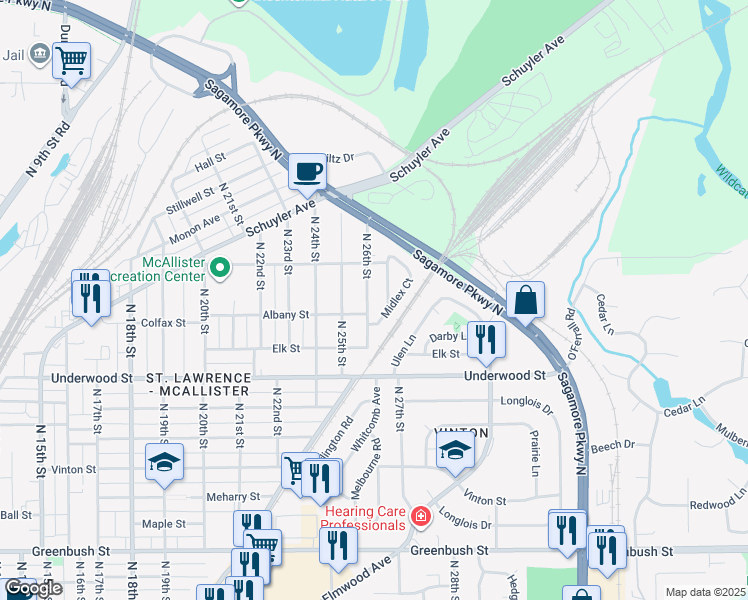 map of restaurants, bars, coffee shops, grocery stores, and more near 2644 Midlex Court in Lafayette