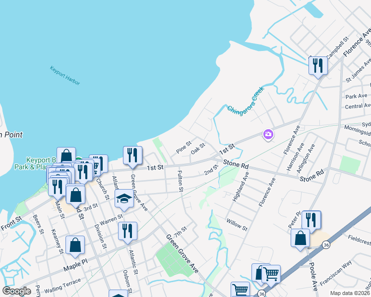 map of restaurants, bars, coffee shops, grocery stores, and more near 25 Oak Street in Keyport