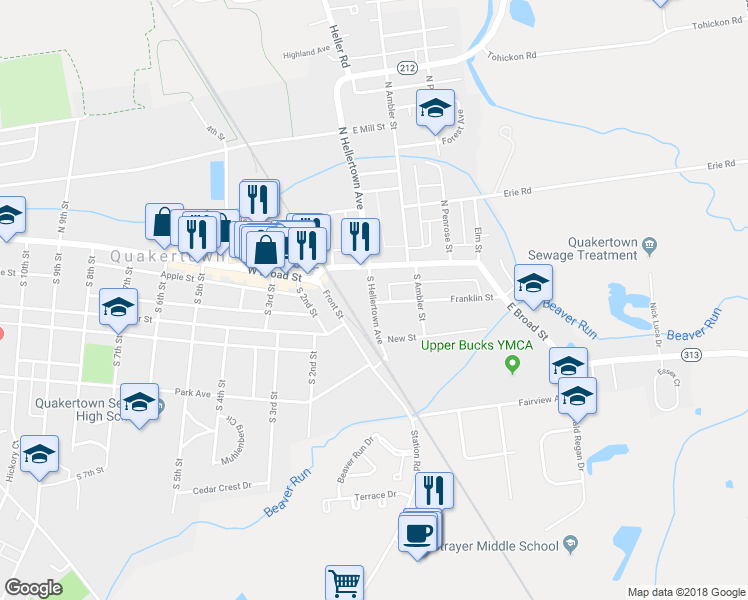 map of restaurants, bars, coffee shops, grocery stores, and more near 81 South Hellertown Avenue in Quakertown