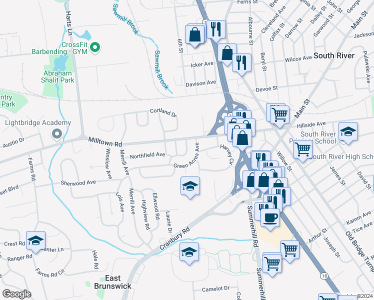 map of restaurants, bars, coffee shops, grocery stores, and more near 10 Wolff Avenue in East Brunswick