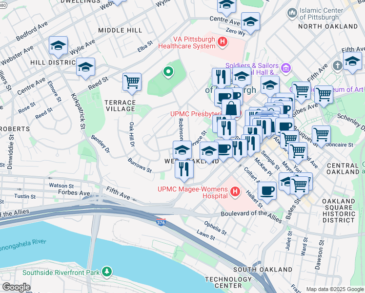 map of restaurants, bars, coffee shops, grocery stores, and more near Robinson St & Terrace St in Pittsburgh