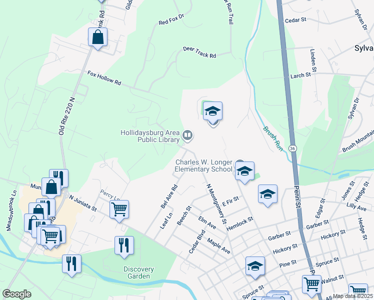 map of restaurants, bars, coffee shops, grocery stores, and more near 1 Bel Aire Circle in Hollidaysburg
