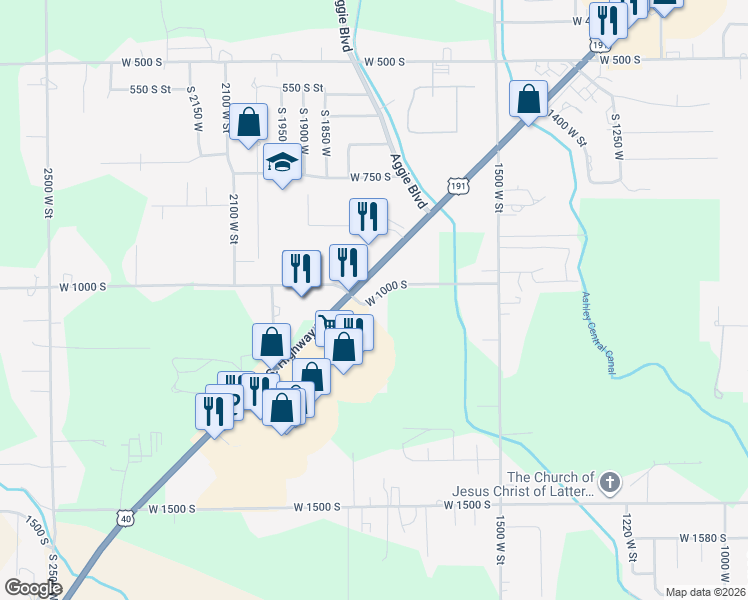 map of restaurants, bars, coffee shops, grocery stores, and more near 1776 West 1000 South in Vernal