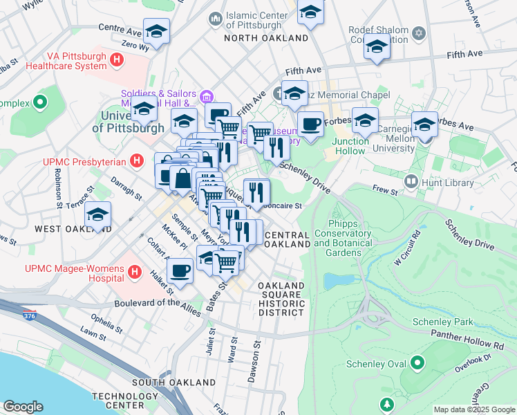 map of restaurants, bars, coffee shops, grocery stores, and more near 341 South Bouquet Street in Pittsburgh