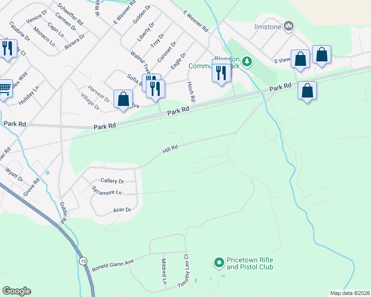 map of restaurants, bars, coffee shops, grocery stores, and more near 740 Hill Road in Blandon