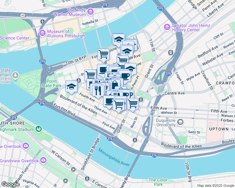 map of restaurants, bars, coffee shops, grocery stores, and more near 355 Fifth Avenue in Pittsburgh