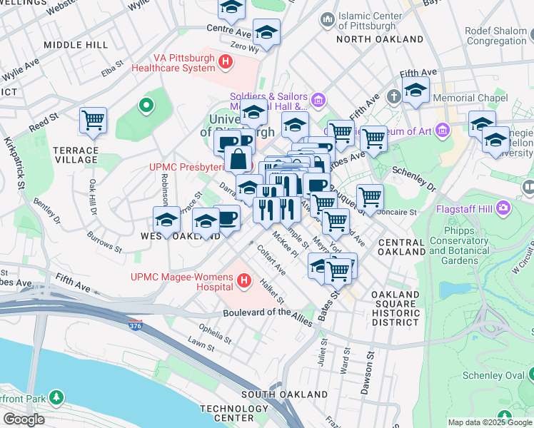 map of restaurants, bars, coffee shops, grocery stores, and more near Euler Way in Pittsburgh