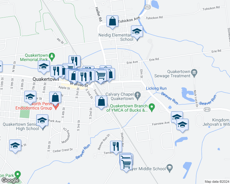 map of restaurants, bars, coffee shops, grocery stores, and more near 217 Franklin Street in Quakertown