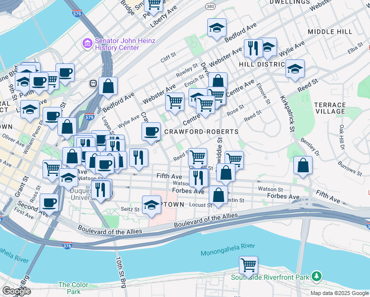 map of restaurants, bars, coffee shops, grocery stores, and more near in Pittsburgh