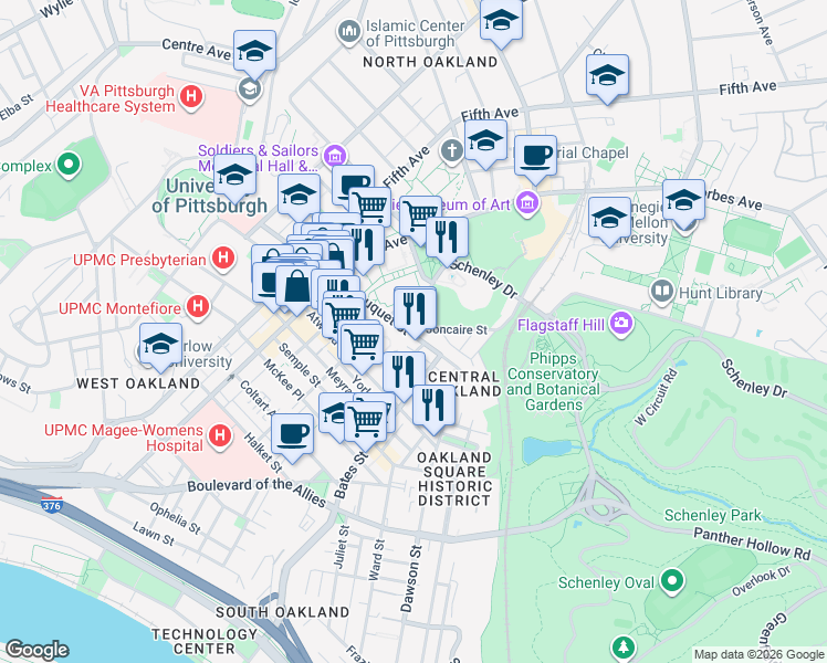 map of restaurants, bars, coffee shops, grocery stores, and more near 341 South Bouquet Street in Pittsburgh