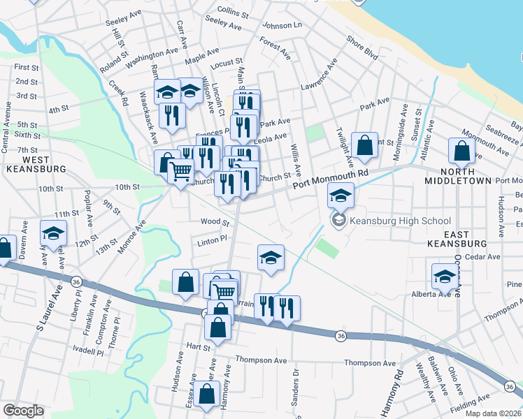 map of restaurants, bars, coffee shops, grocery stores, and more near 25 Hancock Street in Keansburg