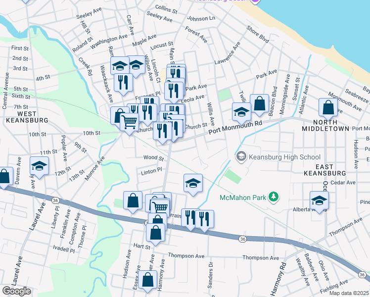 map of restaurants, bars, coffee shops, grocery stores, and more near 25 Hancock Street in Keansburg