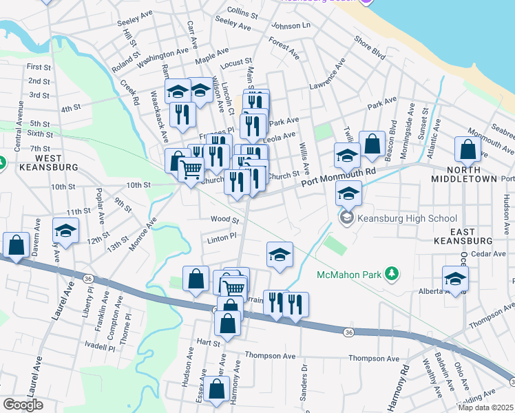 map of restaurants, bars, coffee shops, grocery stores, and more near in Keansburg
