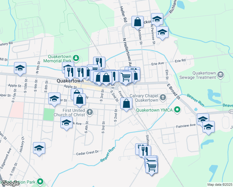 map of restaurants, bars, coffee shops, grocery stores, and more near 28 Front Street in Quakertown