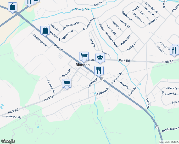 map of restaurants, bars, coffee shops, grocery stores, and more near 370 Main Street in Blandon