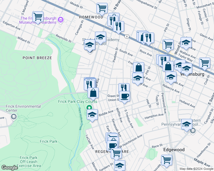 map of restaurants, bars, coffee shops, grocery stores, and more near 545 Peebles Street in Pittsburgh