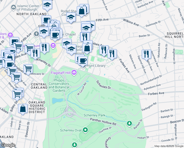 map of restaurants, bars, coffee shops, grocery stores, and more near 1 Schenley Drive in Pittsburgh