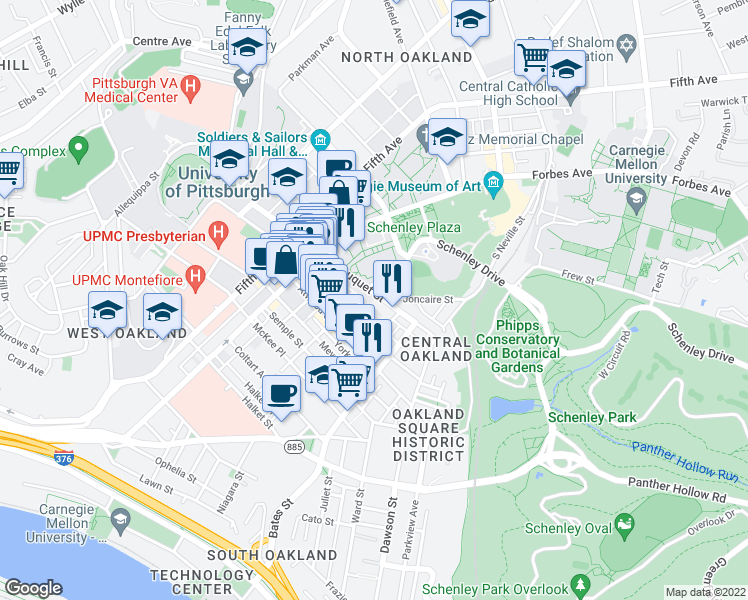 map of restaurants, bars, coffee shops, grocery stores, and more near 311 Oakland Avenue in Pittsburgh