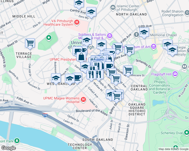map of restaurants, bars, coffee shops, grocery stores, and more near in Pittsburgh
