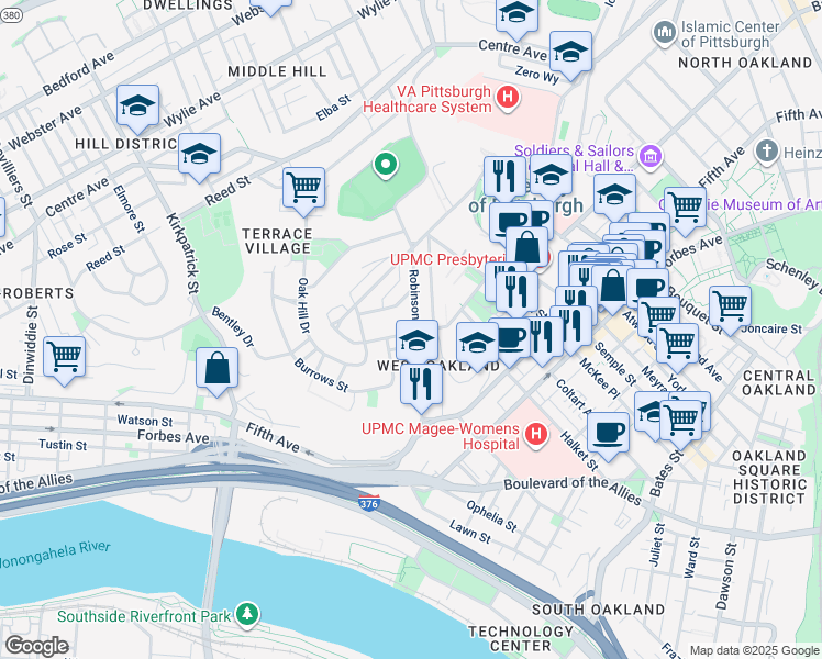 map of restaurants, bars, coffee shops, grocery stores, and more near 3124 Terrace Street in Pittsburgh