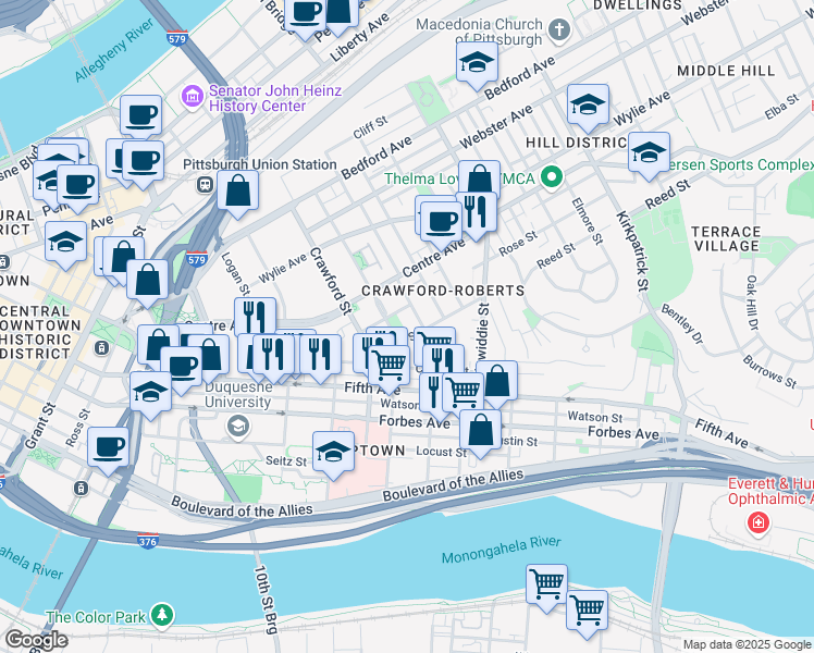 map of restaurants, bars, coffee shops, grocery stores, and more near in Pittsburgh
