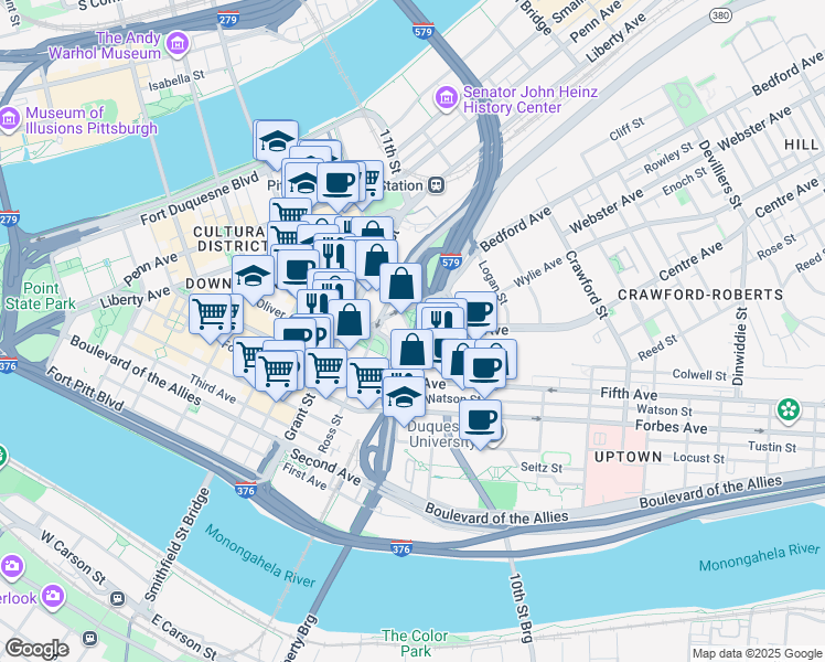 map of restaurants, bars, coffee shops, grocery stores, and more near 1 Bigelow Square in Pittsburgh