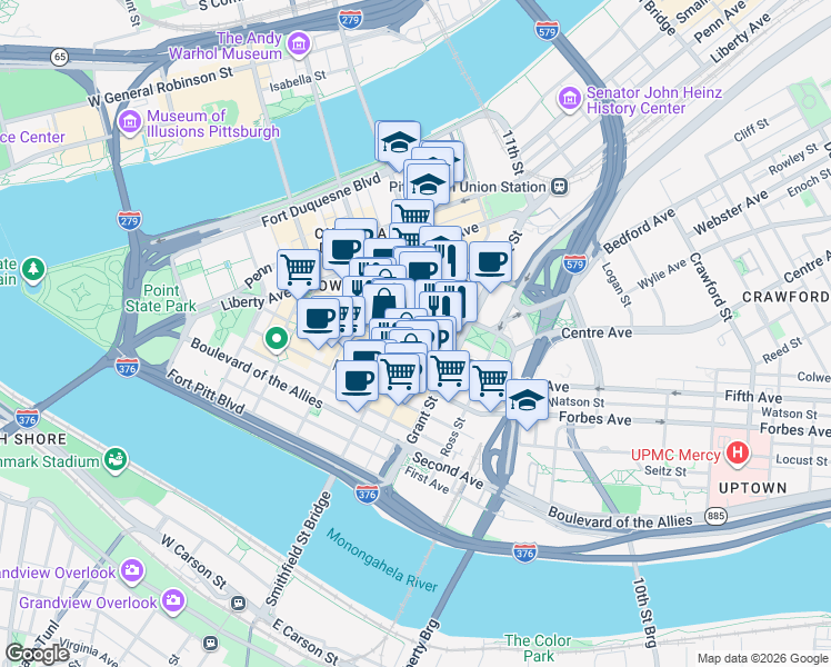 map of restaurants, bars, coffee shops, grocery stores, and more near 355 Fifth Avenue in Pittsburgh