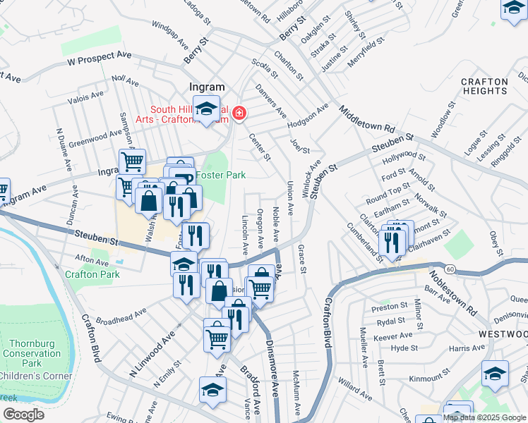 map of restaurants, bars, coffee shops, grocery stores, and more near 50 Oregon Avenue in Pittsburgh