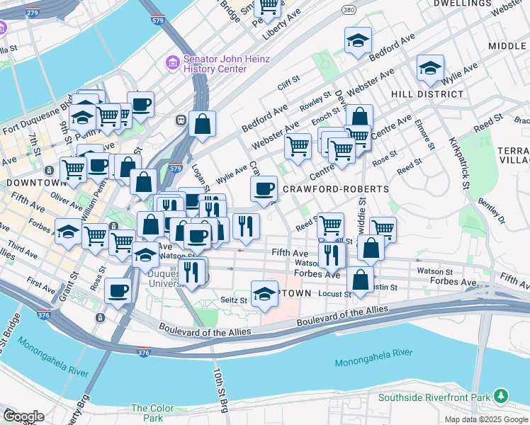 map of restaurants, bars, coffee shops, grocery stores, and more near 1420 Centre Avenue in Pittsburgh